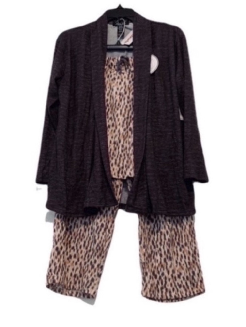 NEW Rene Rofe Pajama Set Three Piece Loungewear Jacket Cami Pant Gray Tan Size M